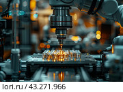 Closeup of a modern robotic machine for blood centrifugation and urinalysis. Hospital laboratories, automatic biochemical analyzer. Стоковое AI-изображение, AI-художник Ирина Михайличенко / Фотобанк Лори