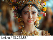 Beautiful indian girl . Young hindu woman model with tatoo mehndi and kundan jewelry . Traditional Indian costume yellow saree . Indian or Muslim woman. Стоковое AI-изображение, AI-художник Ирина Михайличенко / Фотобанк Лори