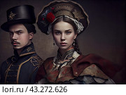 Portrait of a young couple in historical costumes. The man is dressed in a dark military uniform with gold jewelry and a tall hat, which gives him a stern and noble appearance. The woman wears an elaborate dress with rich patterns and a headdress decorated with patterns and a red element. Her hair is braided and her expression is calm and confident. The background is dark and neutral, allowing the focus to be on the details of their outfits and their faces. Стоковое AI-изображение, AI-художник Анна Кривицкая / Фотобанк Лори