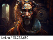 A man in a post-apocalyptic style, with expressive facial features and an unusual headdress. His face is decorated with bright colors and symbols that add mystery and eccentricity to the image. The headdress has technical elements, including metal parts and glasses. The man is dressed in multi-colored fabrics and a cloak, which gives him the appearance of a wandering warrior or mechanic from the future. The background of the image is blurry, but creates the atmosphere of an industrial world destroyed by time. Стоковое AI-изображение, AI-художник Анна Кривицкая / Фотобанк Лори