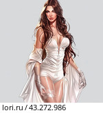 A beautiful young girl in a white open outfit looks at the camera. The concept of youth and beauty. Стоковое AI-изображение, AI-художник Ярославский Максим / Фотобанк Лори