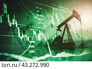 An oil pump on the background of an electronic graph on the screen. The concept of the growth of oil prices on the world market. Double exposure. Стоковое AI-изображение, AI-художник Ярославский Максим / Фотобанк Лори