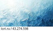 Winter frost patterns on glass. Ice crystals. Abstract light blank cold winter background or wallpaper. Frost patterns on frozen window. Frosted glass. Freezing effect. Frostwork. Harsh season. Cold. Стоковое AI-изображение, AI-художник Марина Демидюк / Фотобанк Лори