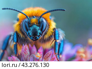 Honey Bee (Apis mellifera) pollinating apple blossoms. A bee collecting pollen and nectar from flower. Macro shot with selective focus. Стоковое AI-изображение, AI-художник Ирина Михайличенко / Фотобанк Лори
