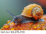 Macro beautiful lovely snail in grass with morning dew. Snail Muller gliding on the wet leaves. Large white mollusk snails with brown striped shell. Стоковое AI-изображение, AI-художник Ирина Михайличенко / Фотобанк Лори