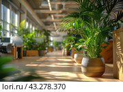 Elegant coworking office featuring a bright airy environment with green plants and partitioned spaces. Стоковое AI-изображение, AI-художник Ирина Михайличенко / Фотобанк Лори