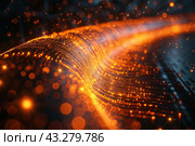 An abstract scene with bright orange light lines and dots that gently curve and intersect, creating the illusion of movement and depth. The luminous elements resemble data streams or electrical signals. The background of the image is darkened, which emphasizes the brightness and richness of the orange lighting effects. The overall atmosphere of the image is futuristic and technological. Стоковое AI-изображение, AI-художник Анна Кривицкая / Фотобанк Лори