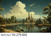 Picturesque fantasy landscape with a castle on the river bank. In the background you can see majestic mountains and large clouds, creating a feeling of a fairy-tale world. There are tall trees around the castle, and in the foreground there are several boats bobbing on calm waters. There are people going about their daily activities near the water, which gives the scene a cozy and realistic feel. Стоковое AI-изображение, AI-художник Анна Кривицкая / Фотобанк Лори