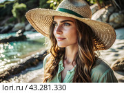 Summer vacation on the beach, Close-up of a beautiful woman in a straw hat. Summer time. Rest and vacation, a place to copy. Стоковое AI-изображение, AI-художник Photojuli / Фотобанк Лори