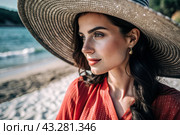 Summer vacation on the beach, Close-up of a beautiful woman in a straw hat. Summer time. Rest and vacation, a place to copy. Стоковое AI-изображение, AI-художник Photojuli / Фотобанк Лори