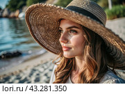 Summer vacation on the beach, Close-up of a beautiful woman in a straw hat. Summer time. Rest and vacation, a place to copy. Стоковое AI-изображение, AI-художник Photojuli / Фотобанк Лори