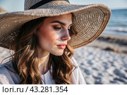 Summer vacation on the beach, Close-up of a beautiful woman in a straw hat. Summer time. Rest and vacation, a place to copy. Стоковое AI-изображение, AI-художник Photojuli / Фотобанк Лори
