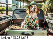 A stylish puppy on a journey, a charming funny dog in a Hawaiian shirt and hat, sitting in an open suitcase. The concept of summer holidays and traveling with animals. Стоковое AI-изображение, AI-художник Photojuli / Фотобанк Лори