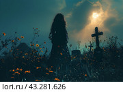 Женский силуэт и могильный крест на кладбище лунной ночью. Стоковое AI-изображение, AI-художник Щеголева Ольга / Фотобанк Лори