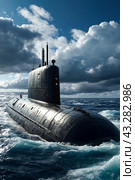 Scene of surfaced unknown nuclear submarine at north waters in open sea/ocean. Sub military control of sea, protection of water. Naval forces army, military war technology concept. Copy ad text space. Стоковое AI-изображение, AI-художник Aleksandr Golubev / Фотобанк Лори