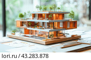 A detailed miniature replica of a house featuring a roof covered with trees is showcased on a table. Стоковое AI-изображение, AI-художник Юрий Поздников / Фотобанк Лори