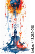 In this watercolor painting, a man sits in lotus position emanating chakras from his body. Стоковое AI-изображение, AI-художник Юрий Поздников / Фотобанк Лори