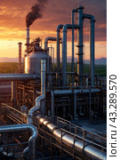 Industrial factory with furnace and heat exchanger cracking hydrocarbons, sunset. Equipment petrochemical plant. Manufacturing and industry technology concept. Gen ai illustration. Copy ad text space. Стоковое AI-изображение, AI-художник Aleksandr Golubev / Фотобанк Лори
