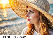 Summer vacation on the beach, Close-up of a beautiful woman in a straw hat. Summer time. Rest and vacation, a place to copy. Стоковое AI-изображение, AI-художник Photojuli / Фотобанк Лори