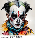 Портрет Арлекина, Джокера, клоуна. Акварель. Portrait of Harlequin, Joker, clown. Watercolor. Стоковое AI-изображение, AI-художник Гер Олег / Фотобанк Лори
