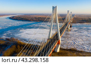 Aerial view of the cable-stayed Murom bridge over the Oka river. Стоковое фото, фотограф Яков Филимонов / Фотобанк Лори