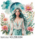 Акварель. Портрет милой  красивой девушки. Watercolor. Portrait of a cute beautiful girl. Стоковое AI-изображение, AI-художник Гер Олег / Фотобанк Лори