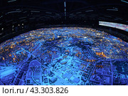 Moscow, Russia - November 16, 2019: The architectural Moscow Grand maket, layout of buldings and roads. Bird's eye view. Fish eye lens. Редакционное фото, фотограф YuryKara / Фотобанк Лори