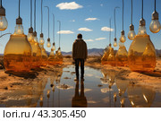 A man standing with his back to the camera, in a desert where large glass light bulbs filled with orange liquid hang in a row. A man looks into the distance; mountains and a clear blue sky with clouds are visible in the background. Underfoot, the reflection in the water creates a symmetrical effect, adding to the mystery of the scene. Light bulbs hang on wires, creating the impression of a magical installation in the desert. Стоковое AI-изображение, AI-художник Анна Кривицкая / Фотобанк Лори
