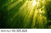 A serene Forest with Sunlight Shining through the Dense crowns of Trees. A magical natural picture. Стоковое AI-изображение, AI-художник Ярославский Максим / Фотобанк Лори