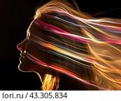 Vibrant Flowing Energy Lines Mapping Woman's Facial Contours - Symbolizing Rejuvenating Facial Massage Concept. Стоковое AI-изображение, AI-художник Ярославский Максим / Фотобанк Лори