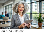 A businesslike elderly woman with curly hair. She is wearing a casual jacket. In the hands of a tablet. A business woman looks at her smartphone screen. Стоковое AI-изображение, AI-художник Photojuli / Фотобанк Лори