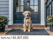 Animal care. The puppy sits patiently at the front door, looking forward to his master and walking with him. Стоковое AI-изображение, AI-художник Photojuli / Фотобанк Лори
