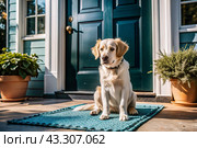 Animal care. The puppy sits patiently at the front door, looking forward to his master and walking with him. Стоковое AI-изображение, AI-художник Photojuli / Фотобанк Лори