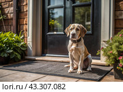 Animal care. The puppy sits patiently at the front door, looking forward to his master and walking with him. Стоковое AI-изображение, AI-художник Photojuli / Фотобанк Лори