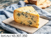 Cheese with mold, a slice of cheese with mold door blue or Roquefort on a cutting board. Delicious food. Стоковое AI-изображение, AI-художник Photojuli / Фотобанк Лори