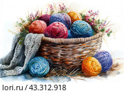 A basket filled with colorful balls of yarn. Tangles come in a variety of shades, from warm reds and oranges to cool blues and purples. The basket is woven with a distinct texture and some of the yarn is laid out to create a picturesque and cozy effect. Next to the basket lies a knitted gray blanket, adding additional warmth and homeliness to the composition. There are branches and leaves around the basket, giving the painting a natural and organic look. This image is ideal for stock sites dedicated to crafts, knitting and creativity. Стоковое AI-изображение, AI-художник Анна Кривицкая / Фотобанк Лори