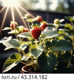 Fragaria is genus of flowering plants in rose family, Rosaceae, commonly known as strawberries for edible fruits. Hybrids and cultivars. Garden strawberry, hybrid Fragaria ananassa. Generated AI. Стоковое AI-изображение, AI-художник Юлия Петровская / Фотобанк Лори