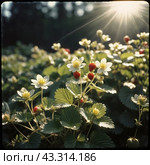 Fragaria is genus of flowering plants in rose family, Rosaceae, commonly known as strawberries for edible fruits. Hybrids and cultivars. Garden strawberry, hybrid Fragaria ananassa. Generated AI. Стоковое AI-изображение, AI-художник Юлия Петровская / Фотобанк Лори