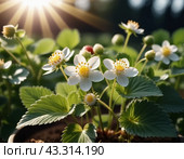 Fragaria is genus of flowering plants in rose family, Rosaceae, commonly known as strawberries for edible fruits. Hybrids and cultivars. Garden strawberry, hybrid Fragaria ananassa. Generated AI. Стоковое AI-изображение, AI-художник Юлия Петровская / Фотобанк Лори