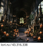 A long corridor or hall with high windows through which daylight penetrates. The room is decorated with many lit candles, creating an atmosphere of mystery and comfort. Along the walls there are various decorative elements and small plants that add greenery and natural charm. At the back of the room, an archway can be seen leading into an even darker space, lit by candles. The general atmosphere is reminiscent of an ancient castle or Gothic temple. Стоковое AI-изображение, AI-художник Анна Кривицкая / Фотобанк Лори