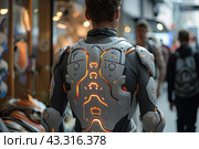 A man in a futuristic exoskeleton standing indoors with people in the background. The exoskeleton is made in gray-orange tones with backlighting, emphasizing the manufacturability and innovation of the suit. Exoskeleton parts include complex elements and mechanisms designed to enhance human physical capabilities. Other people can be seen in the background, creating a contrast between the regular clothes and the high-tech suit. Стоковое AI-изображение, AI-художник Анна Кривицкая / Фотобанк Лори