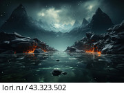 Mystical landscape of a mountain lake surrounded by majestic rocks and snow-capped peaks. The water in the lake is dark and calm, reflecting the surrounding mountains and sky. Hot lava rocks are visible in the foreground, creating a striking contrast with the cold water and snow-capped mountains. Rare snowflakes are visible in the sky, which adds a feeling of coldness and mystery to the picture. The atmosphere of the image is breathtaking and evokes a sense of admiration for natural power. Стоковое AI-изображение, AI-художник Анна Кривицкая / Фотобанк Лори