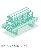 Isometric hopper car on bridge. Object isolated on white background. Railway. Freight wagon for mass transit cement, grain and other bulk cargo or commodities. Wagon on rails. Стоковая иллюстрация, иллюстратор Игорь Сорокин / Фотобанк Лори