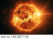 Bright sun against dark starry sky in Solar System. Sun in Space. Solar Surface Activity, Corona. Heatwave hot sun. Climate Change. Global Warming. Temperature of Summer season. Geomagnetic storm. Стоковое AI-изображение, AI-художник Марина Демидюк / Фотобанк Лори