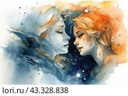 Watercolor painting of two female profiles looking at each other. One profile is made in cool blue and white tones, associated with the night sky and stars, the other in warm orange and gold tones, reminiscent of sunlight and daylight. The interaction of the two images creates the impression of a contrast between day and night, light and darkness, heat and cold. The painting is full of emotion and symbolism, conveying harmony and balance. This image is ideal for illustrations related to art, emotions, nature and abstract concepts. Стоковое AI-изображение, AI-художник Анна Кривицкая / Фотобанк Лори