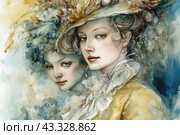 Two young women, made in the style of watercolor painting. One of them is dressed in an elegant dress and a hat with flowers, the second is a reflection or image superimposed on the foreground. Women have delicate facial features, a light blush and neat hairstyles. The background is made in soft, blurry colors, creating an atmosphere of romance and sophistication. Стоковое AI-изображение, AI-художник Анна Кривицкая / Фотобанк Лори