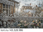 A winter scene made in a technique reminiscent of embroidery or lace. In the center of the composition is a balcony with elegant wrought iron railings, decorated with patterns and ornaments, covered with frost and snow. In the foreground you can see flowers, also covered with a coating of snow. Behind the balcony you can see the facade of a brick house with windows behind which you can see trees without foliage and neighboring houses with snow-covered roofs. The sky is overcast, creating a feeling of winter coolness and peace. Стоковое AI-изображение, AI-художник Анна Кривицкая / Фотобанк Лори
