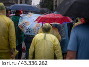Люди под зонтами во время проливного дождя в центре города Москвы, Россия (2024 год). Редакционное фото, фотограф Николай Винокуров / Фотобанк Лори