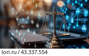 Scales of Justice on Laptop With World Map Display. Стоковое AI-изображение, AI-художник Юлия Гапеенко / Фотобанк Лори