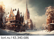Winter cityscape with falling snow. The centerpiece is an ancient building with a gabled roof and large windows, decorated with snow-covered trees and lanterns. Along the street there are several more Gothic-style buildings covered in snow. The sky is overcast with clouds, creating a foggy and fabulous atmosphere. The trees are covered with frost and snow, adding winter charm and comfort to the picture. Стоковое AI-изображение, AI-художник Анна Кривицкая / Фотобанк Лори